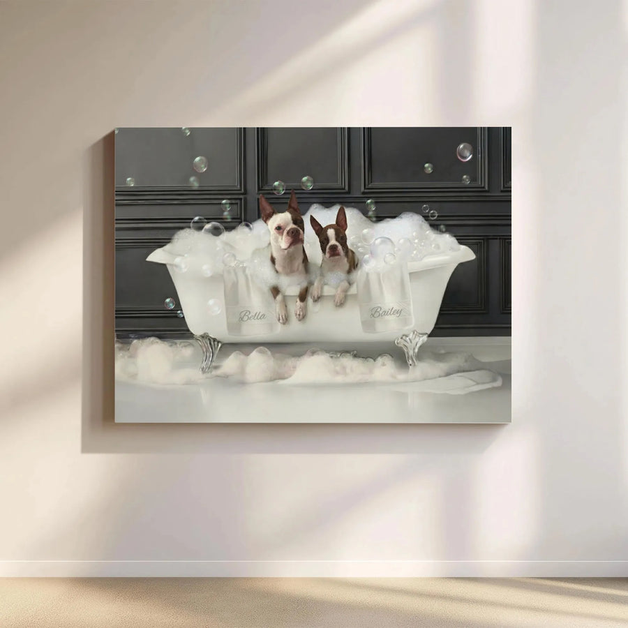 Boston Terrier Wall Art | Funny Dogs in Bathtub Canvas Print | Premium Gallery Wrapped Canvas | Unique Gift for Dog Lover