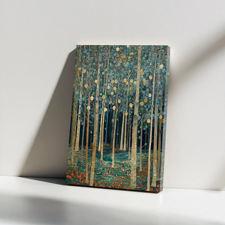 Abstract Forest Canvas Wall Art | Modern Mosaic Tree Artwork with Gold Accents | Premium Gallery Wrapped Print | Living Room & Office Decor