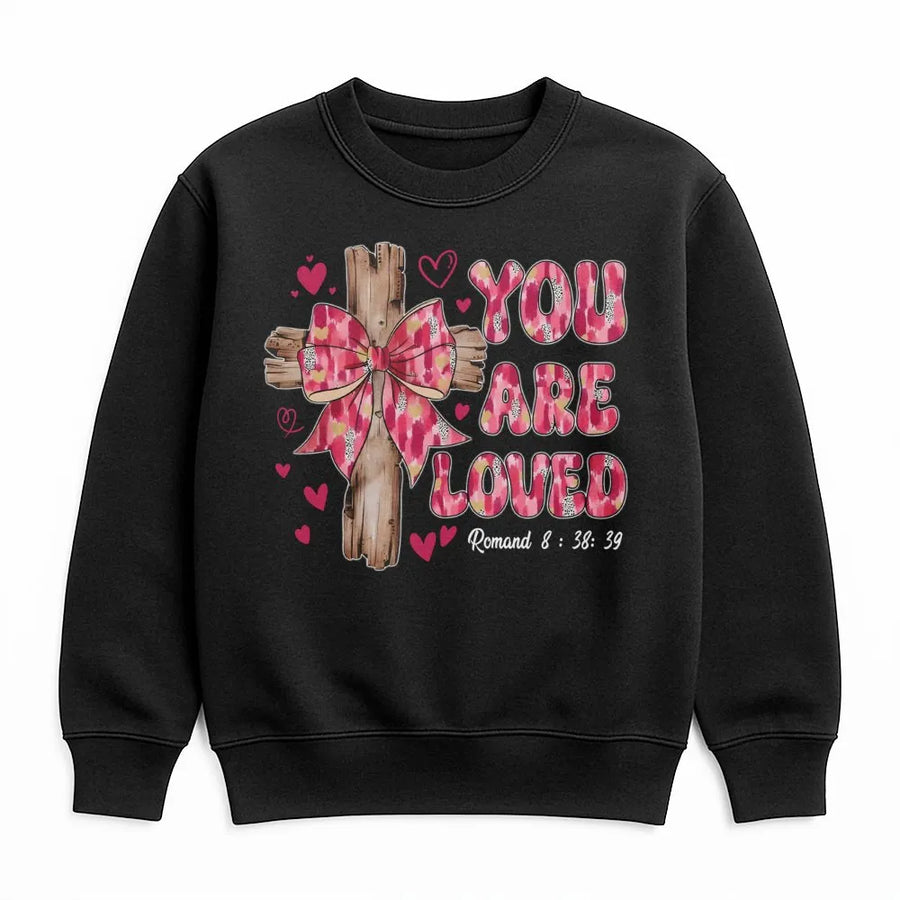 You Are Loved Christian Sweatshirt | Pink Coquette Bow Cross Design | Premium Cotton Blend | Faith Based Valentine Gift for Her