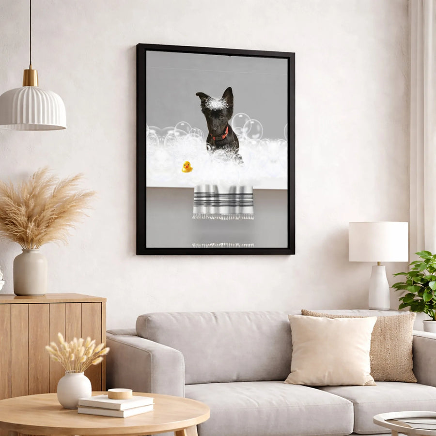 Black Puppy Bubble Bath Canvas | Cute Dog with Rubber Ducky Art | Premium 1.25 Inch Gallery Wrap | Nursery & Bathroom Wall Decor Gift