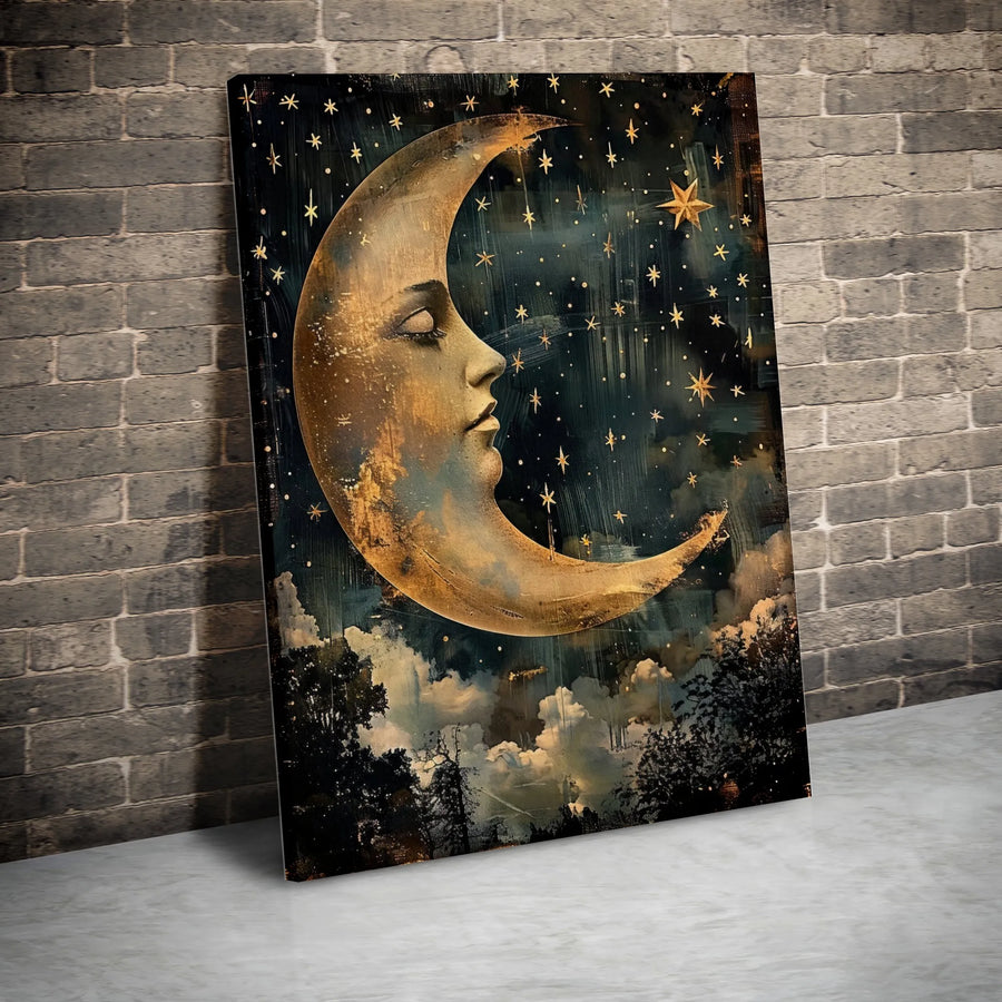 Crescent Moon Wall Art | Vintage Celestial Face Print | Premium 1.25-Inch Gallery Wrapped Canvas | Mystical Decor for Bedroom or Living Room