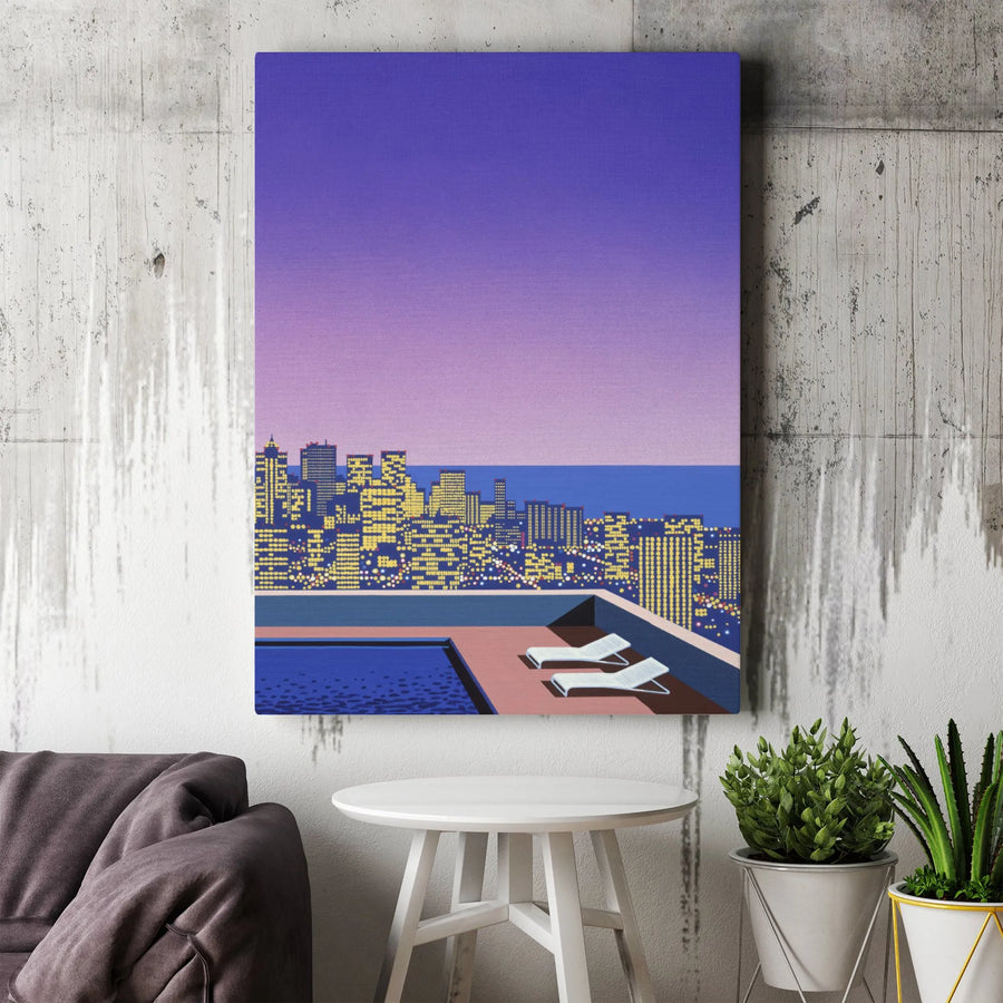 Cityscape Rooftop Pool Canvas Art | Pixel Art Sunset Skyline Decor | Premium Gallery Wrap Print | Modern Home & Office Wall Decor