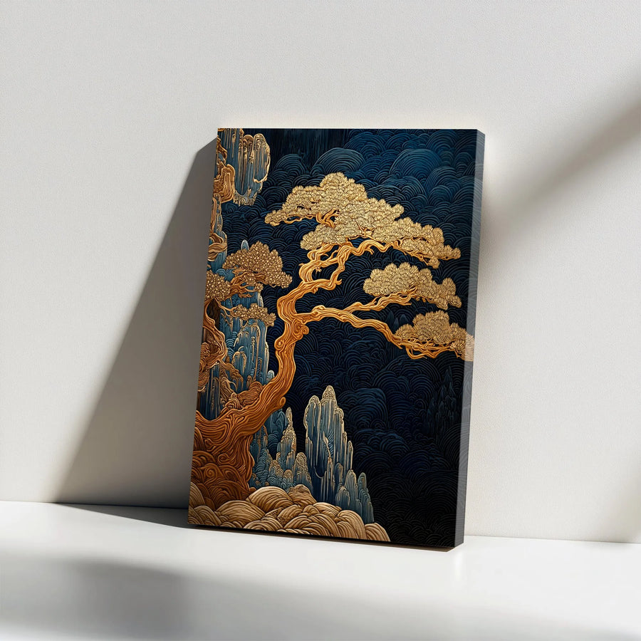 Japanese Bonsai Canvas Wall Art | Golden Tree and Mountain Landscape | Premium 1.25" Gallery Wrap | Zen Home Decor Office Gift