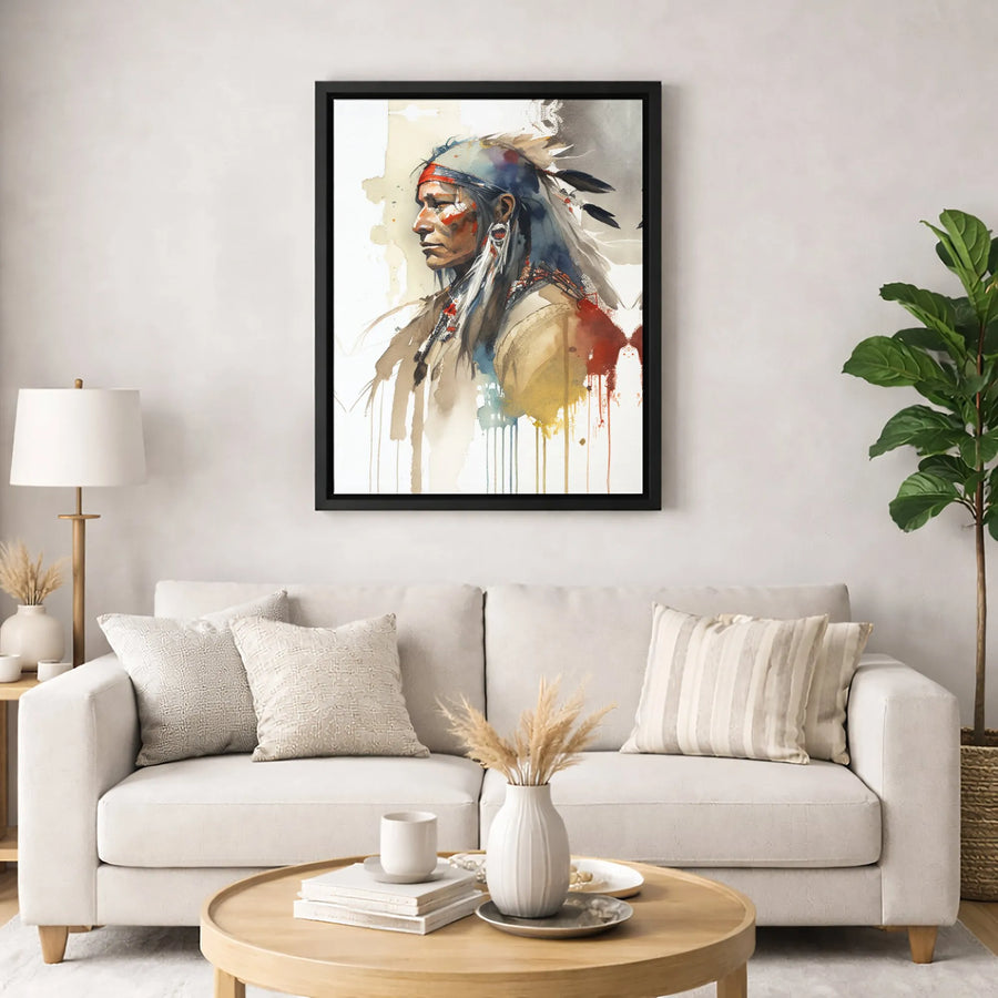 Native American Warrior Wall Art | Watercolor Portrait Canvas Print | 1.25 Inch Gallery Wrap | Southwestern Home Decor Gift for Him