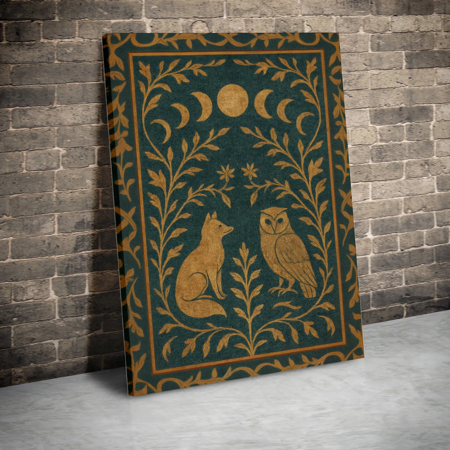Fox and Owl Wall Art | Moon Phases Folk Art Print | Premium Gallery Wrapped Canvas | Botanical Woodland Nursery Decor Gift