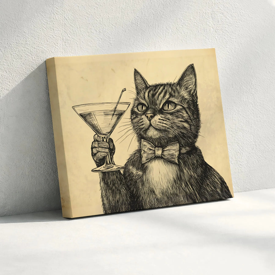 Cat With Martini Canvas Print | Vintage Bow Tie Kitten Sketch Art | Premium Gallery Wrapped Wall Decor | Funny Bar Pub Home Bar Gift