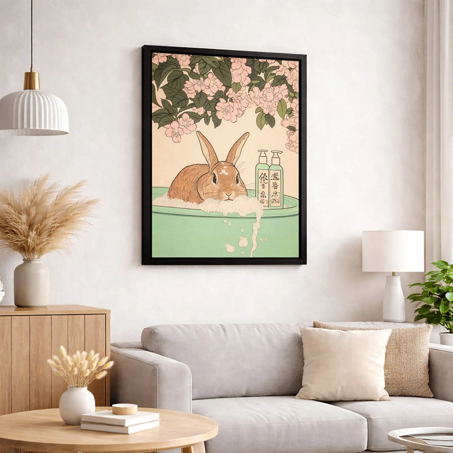 Japanese Rabbit Canvas Wall Art | Ukiyo-E Style Bunny Bathing in Blossoms | Premium Gallery Wrap Print | Cute Bathroom Decor for Home Gift