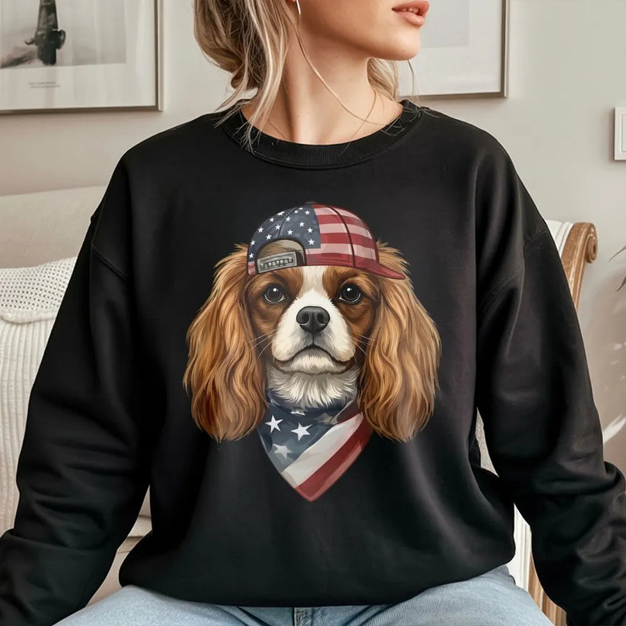 Patriotic Dog Sweatshirt | Cavalier King Charles Spaniel USA Flag Graphic | Soft Cotton Blend Pullover | Fourth of July Gift for Dog Mom & Dad