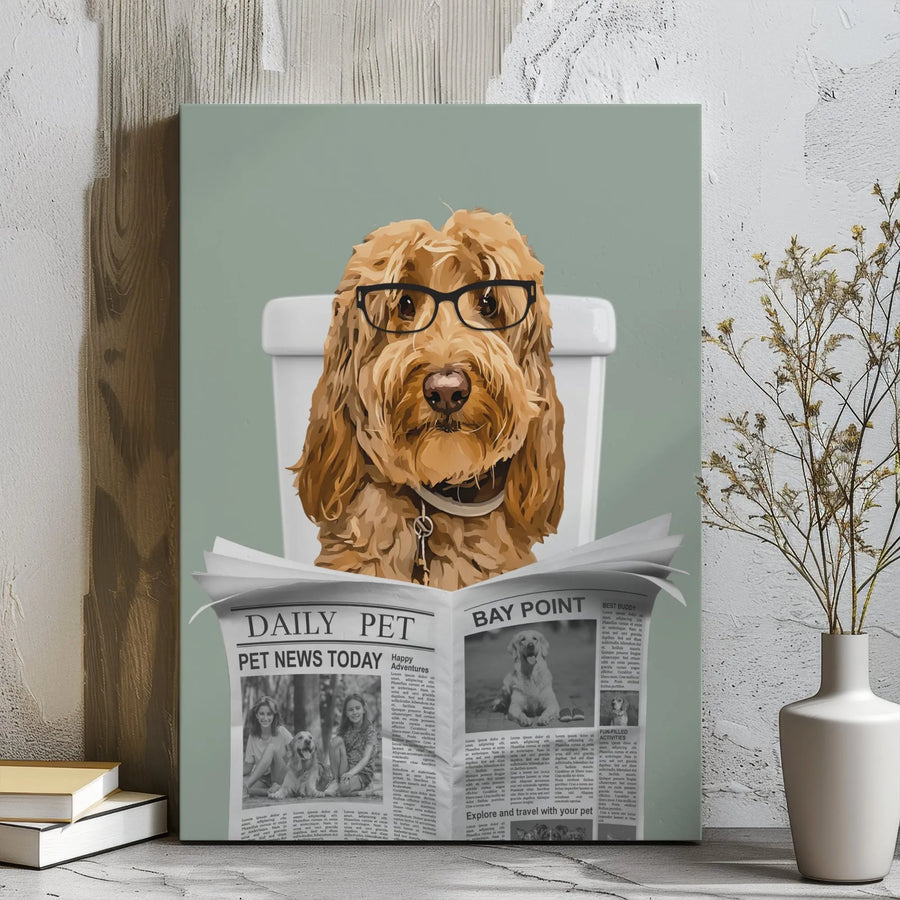 Funny Dog Reading Newspaper On Toilet Canvas | Whimsical Goldendoodle Bathroom Wall Art | Premium Gallery Wrapped Decor | Unique Gift For Dog Lovers