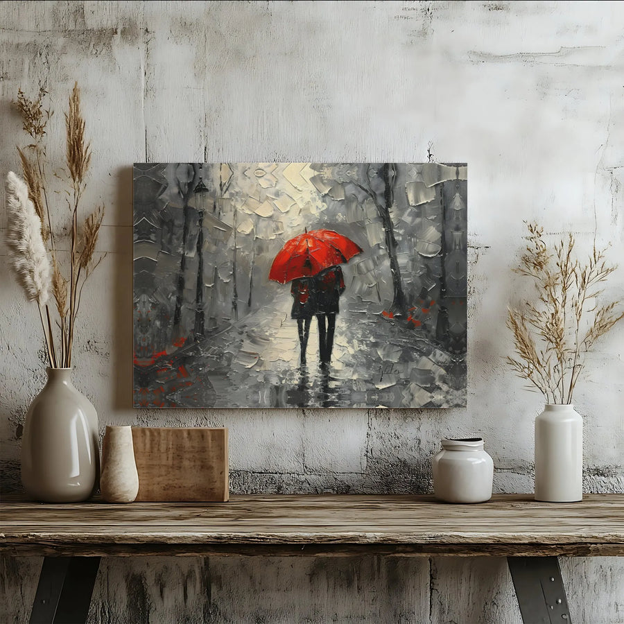 Couple Under Red Umbrella Canvas Art | Romantic Rainy City Street Impasto Print | Premium Gallery-Wrapped Wall Decor | Anniversary Gift for Couples