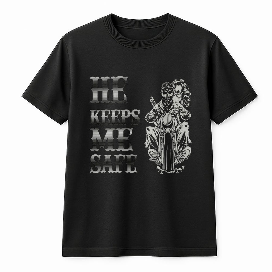 He Keeps Me Safe Biker T-Shirt | Motorcycle Couple Graphic Design | Premium 100% Cotton Tee | Gift for Biker Girlfriend or Wife