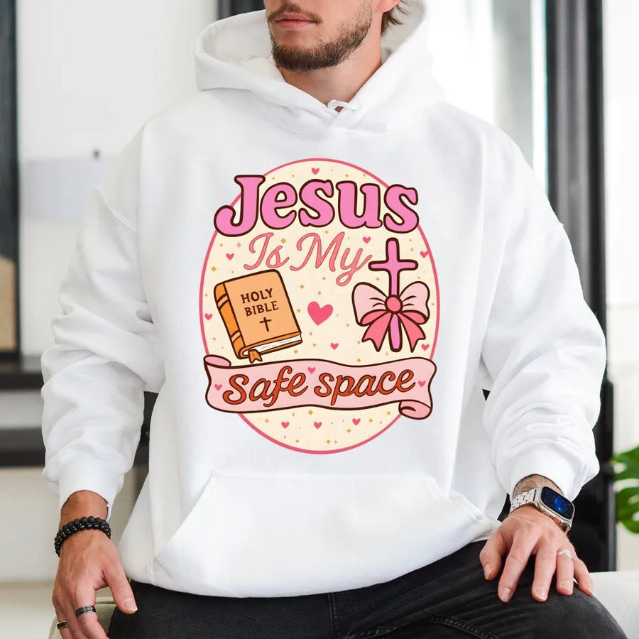 Jesus Is My Safe Space Hoodie | Aesthetic Christian Bible Verse Graphic | Premium Cotton Blend | Religious Gift for Women and Men