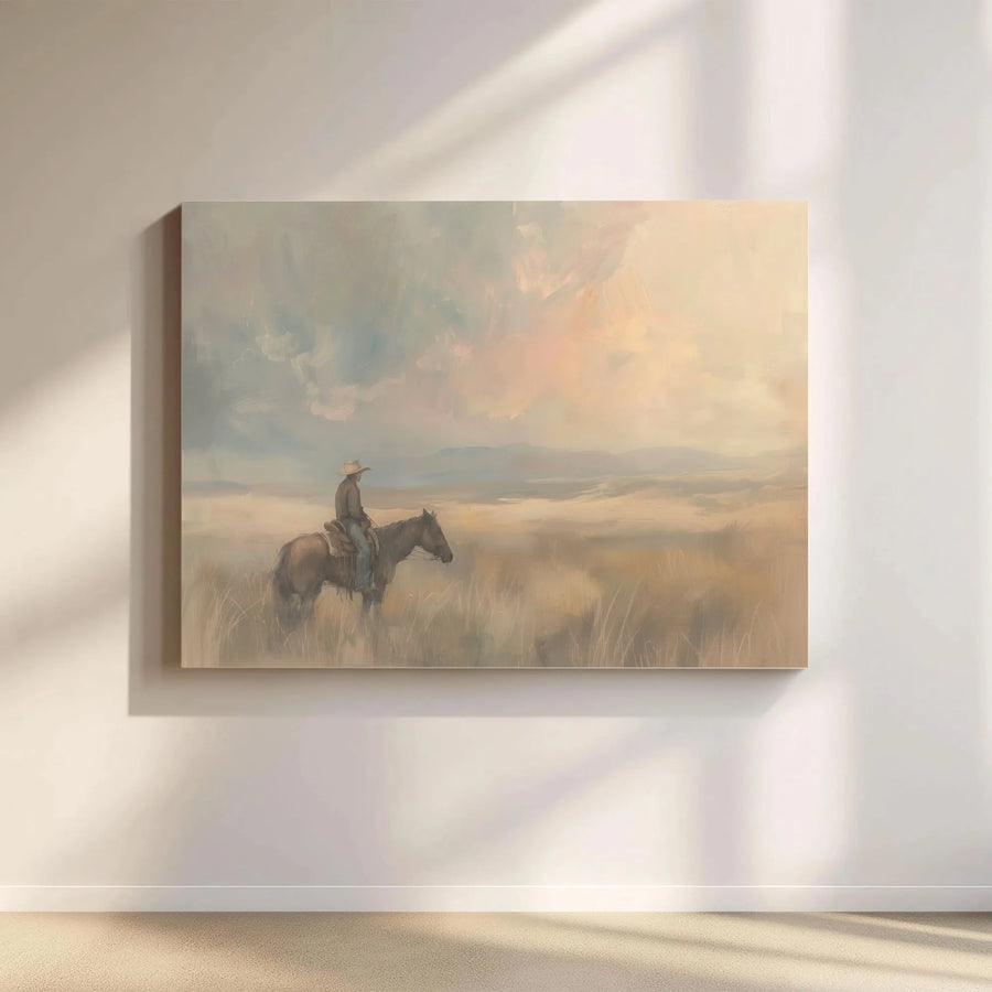 Western Cowboy Canvas Wall Art | Lone Rider at Sunrise Painting | Premium Thick Gallery Canvas | Rustic Farmhouse Decor Gift