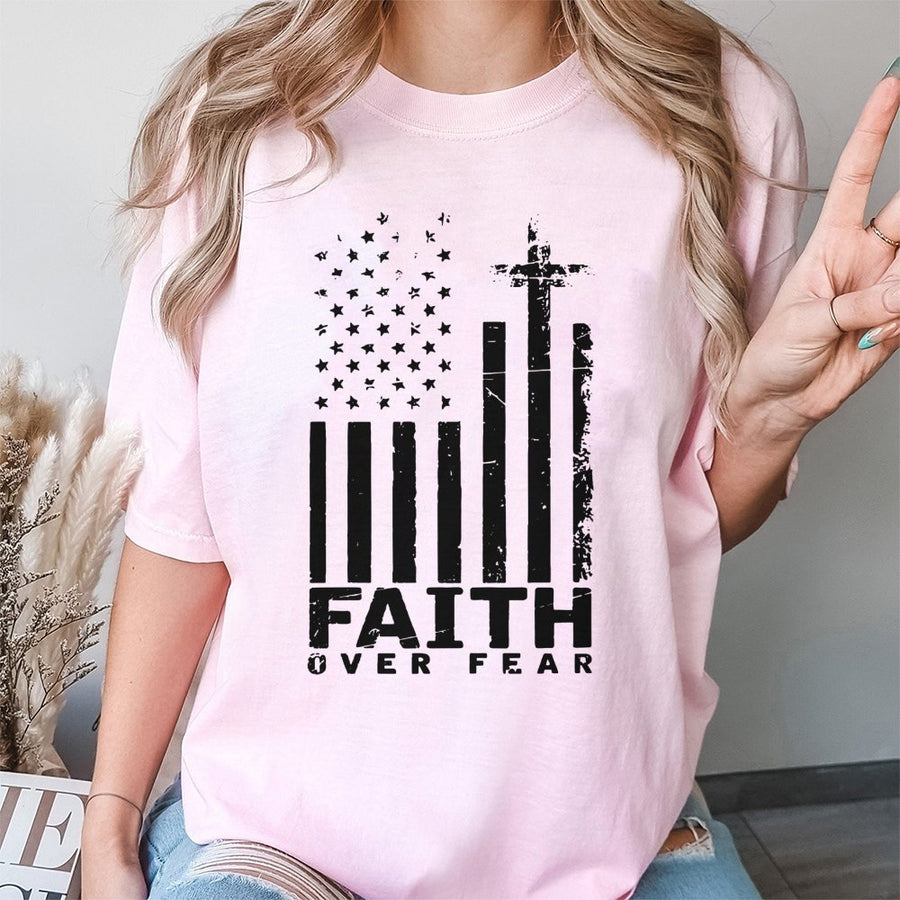 Faith Over Fear T-Shirt | Patriotic American Flag Cross Graphic | Premium 100% Cotton | Christian Gift For Men And Women