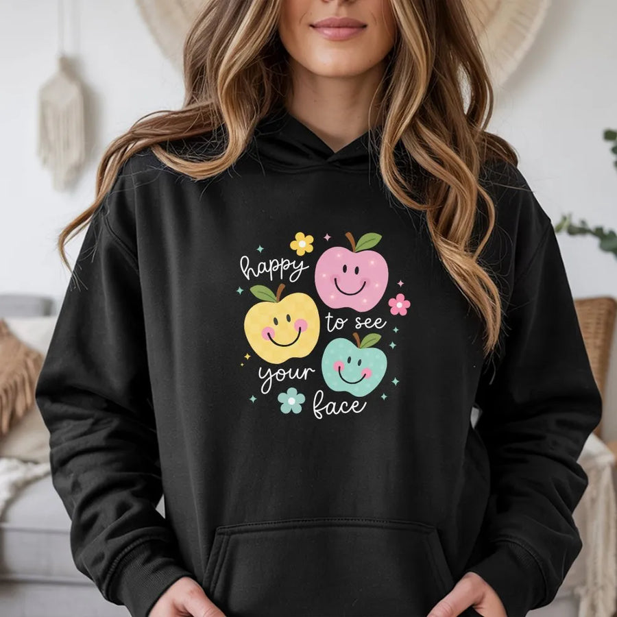 Teacher Hoodie | Happy To See Your Face Cute Apples Graphic | Premium Cotton Blend | Gift for Elementary Teacher Back to School