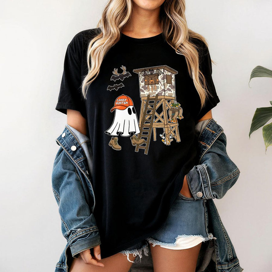 Candy Hunter Hunting Ghost T-Shirt | Camo Deer Stand Halloween Graphic | 100% Soft Cotton Premium Tee | Funny Spooky Outdoor Gift for Hunters