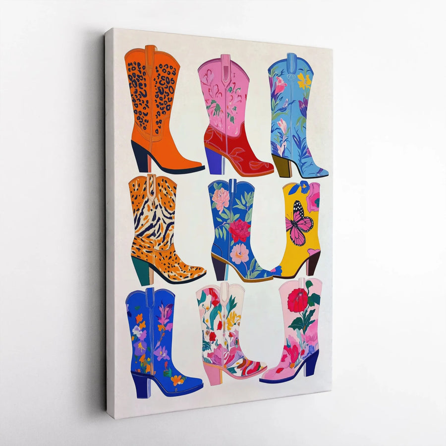 Colorful Cowboy Boots Wall Art | Floral and Animal Print Western Decor | Premium Gallery Canvas | Gift for Cowgirl Home Decor