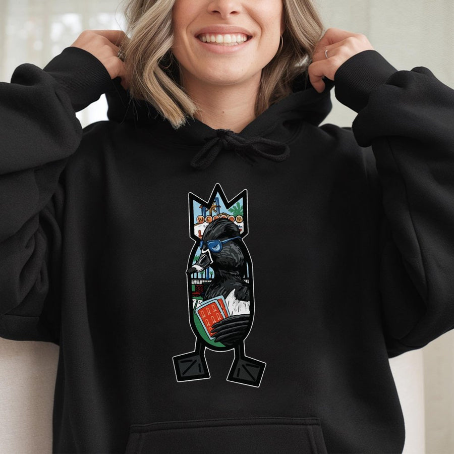 Bomber Duck Graphic Hoodie | Las Vegas Poker Playing Mallard | Premium Cotton Blend Pullover | Funny Bird Lover Wildlife Gift For Him Or Her
