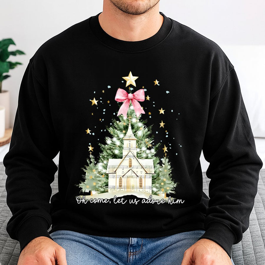 Oh Come Let Us Adore Him Sweatshirt | Watercolor Christmas Church & Bow Design | Premium Cotton Blend | Religious Christian Christmas Gift