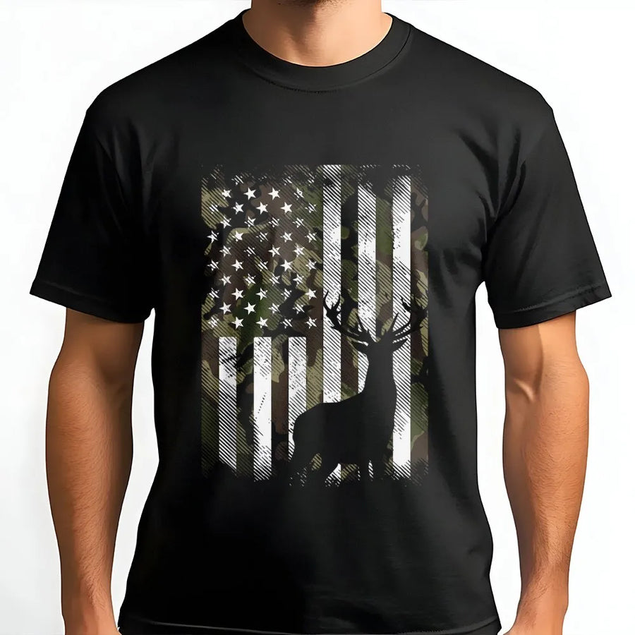American Flag Deer Hunting T-Shirt | Camo Buck Silhouette Graphic | 100% Premium Cotton | Wildlife Outdoorsman Gift for Hunters