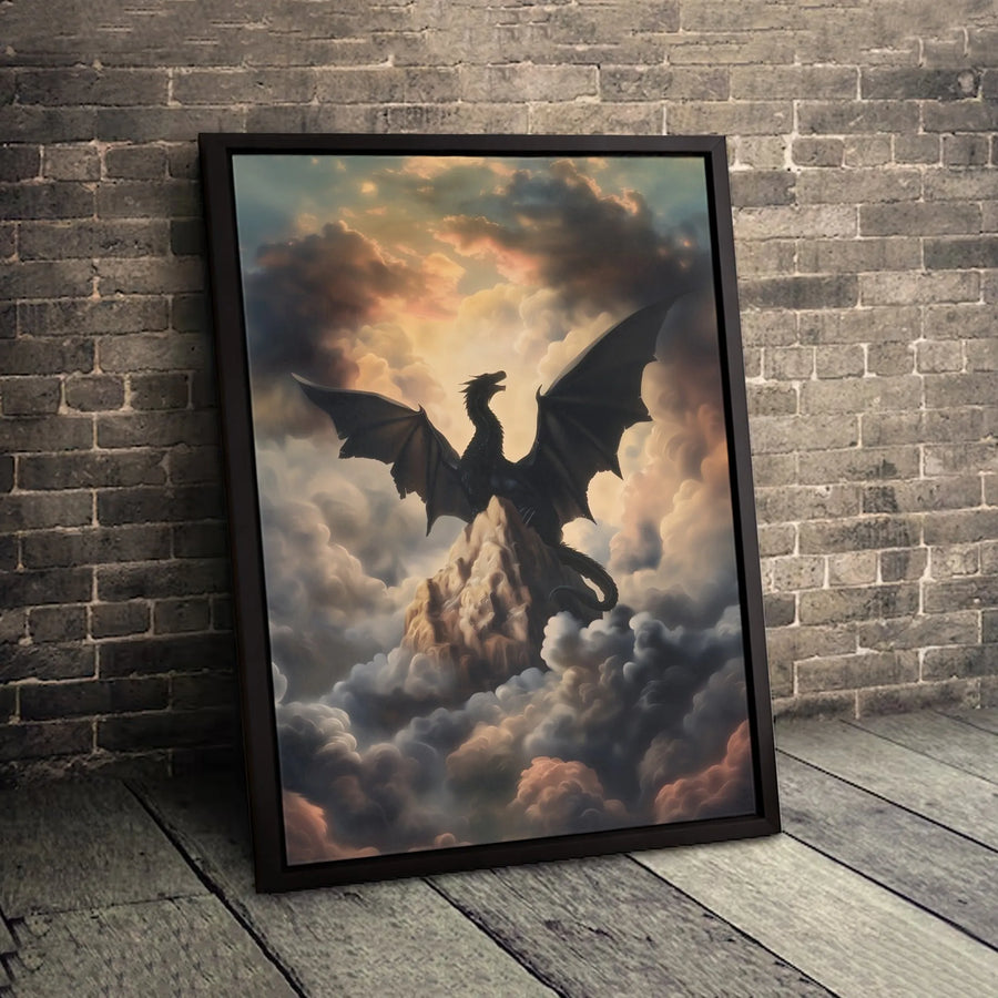 Black Dragon Canvas Wall Art | Majestic Mountain Peak Fantasy Decor | Premium Gallery Wrap Print | Mythical Creature Gift for Fantasy Lovers