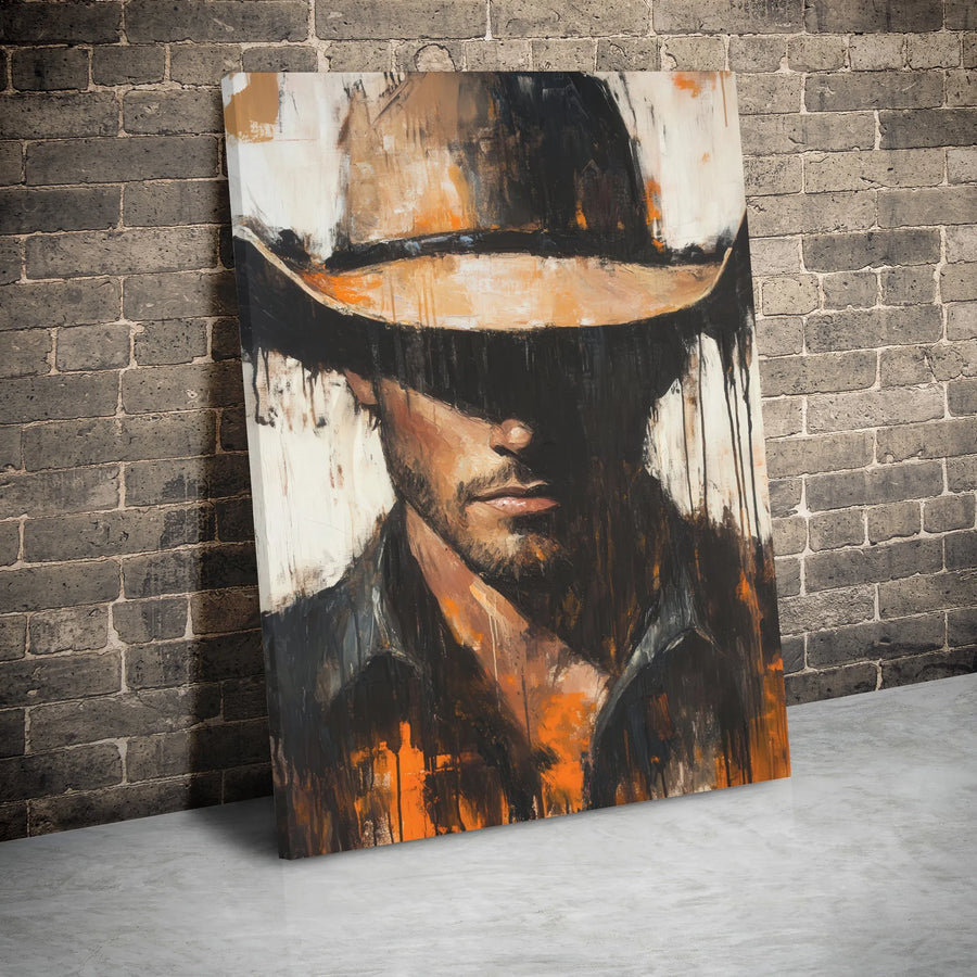 Western Cowboy Canvas Wall Art | Abstract Mysterious Man Portrait | Premium Gallery Wrap Print | Modern Rustic Home Office Decor Gift