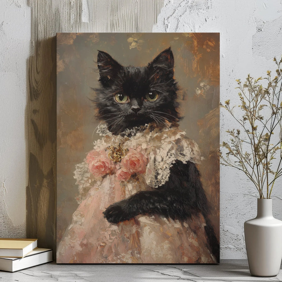 Black Cat Portrait Canvas Art | Victorian Style Pet Painting | Premium Gallery Wrapped Decor | Unique Gift for Cat Lovers
