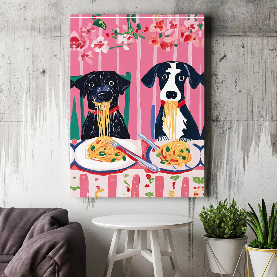 Dogs Eating Spaghetti Canvas Art | Whimsical Pet Portrait Wall Decor | Premium Gallery Wrap Print | Funny Dog Lover Kitchen Gift Idea