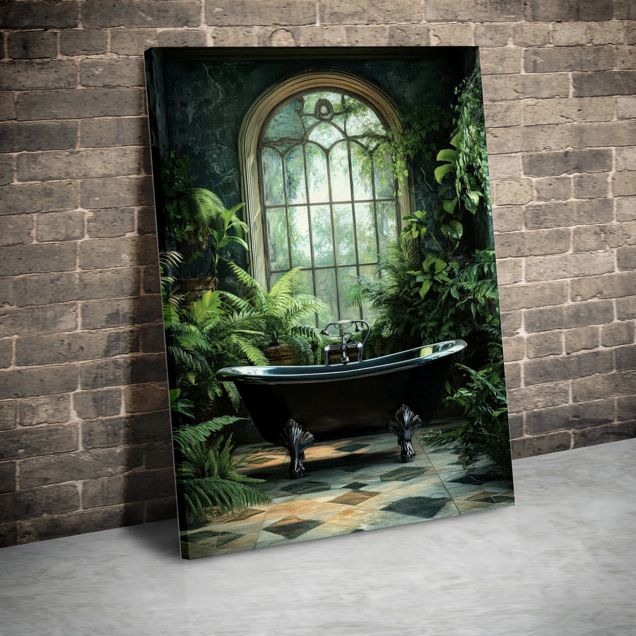 Botanical Greenhouse Canvas Wall Art | Vintage Black Clawfoot Tub Print | Premium Gallery-Wrapped Decor | Nature Inspired Bathroom Home Gift