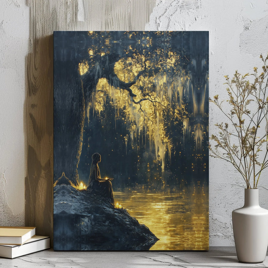 Meditating Woman Canvas Print | Ethereal Golden Forest Wall Art | Premium Gallery-Wrapped Decor | Spiritual Home Office Gift