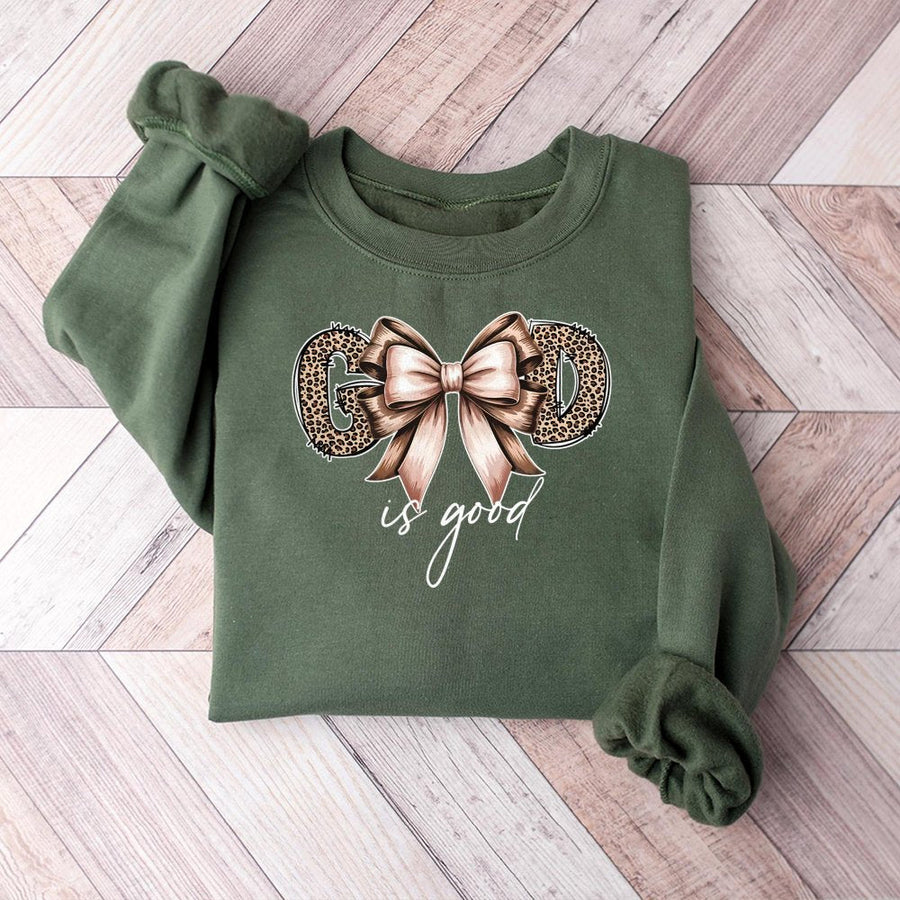 God Is Good Sweatshirt | Leopard Print Bow Graphic | Premium Cotton Blend | Christian Faith Gift for Women