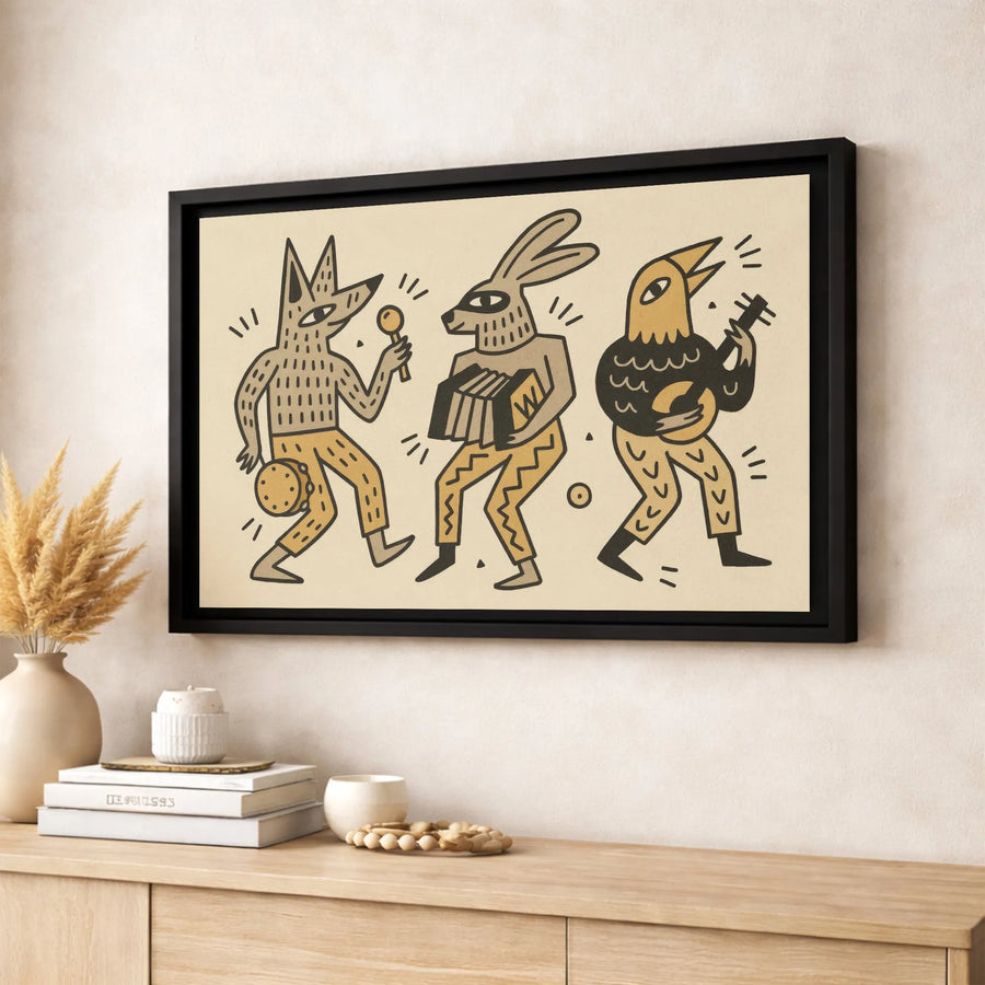 Folk Art Animal Band Canvas Print | Whimsical Fox Rabbit Bird Music Decor | Gallery Quality 1.25-inch Profile | Unique Living Room Wall Art Gift