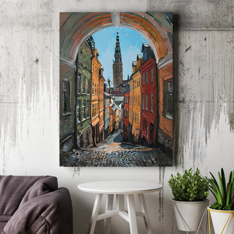 European Old Town Street Canvas | Cobblestone Alley With Clock Tower | Premium Gallery Wrap Print | Artistic Travel Home Decor Gift