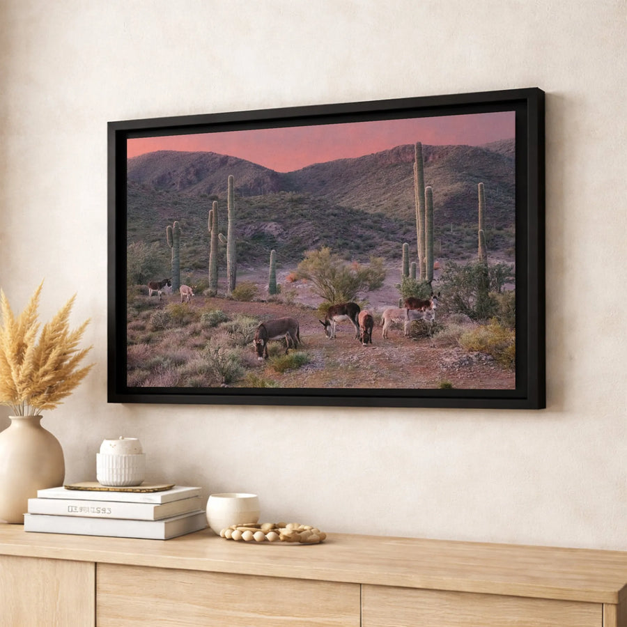Arizona Desert Canvas Art | Wild Burros and Saguaro Cacti Landscape | Premium Fade-Resistant Print | Southwestern Home Decor Gift