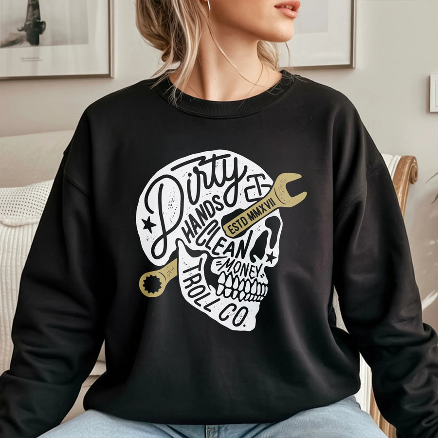 Dirty Hands Clean Money Sweatshirt | Mechanic Skull Tool Graphic | Premium Cotton Blend Crewneck | Gift For Dad Husband Tradesman