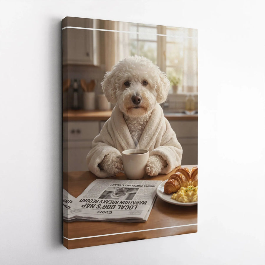 Funny Dog Reading Newspaper Canvas Wall Art | Whimsical Poodle in Robe with Morning Coffee | Premium Gallery Print | Unique Gift for Dog Lover & Kitchen Decor