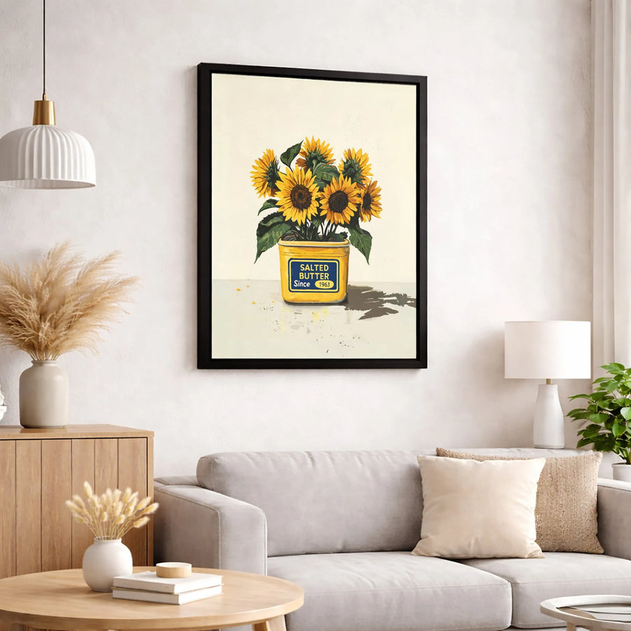 Sunflower Butter Tub Canvas Art | Quirky Kitchen Wall Decor | Premium 1.25-Inch Thick Gallery Wrap | Unique Gift for Foodies and Flower Lovers