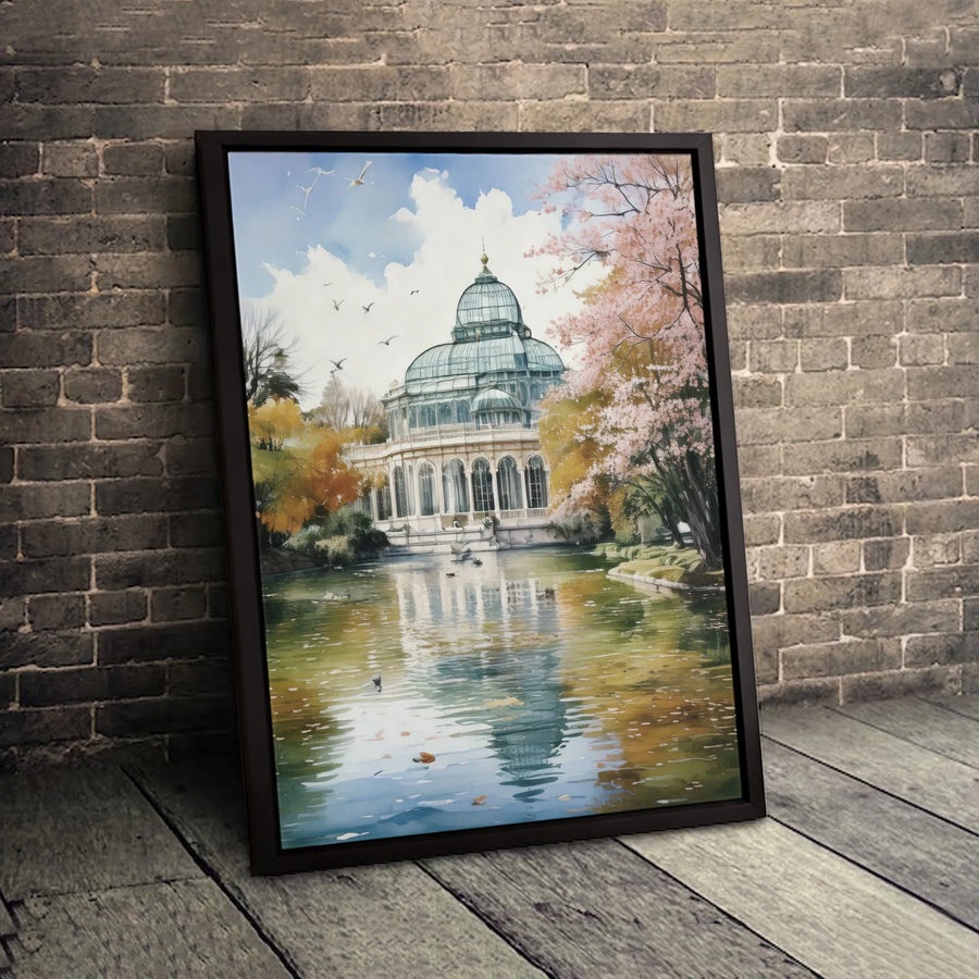 Palacio de Cristal Canvas Print | Madrid Spain Travel Art | Premium Gallery Wrapped Wall Decor | Scenic Lake & Cherry Blossom Gift