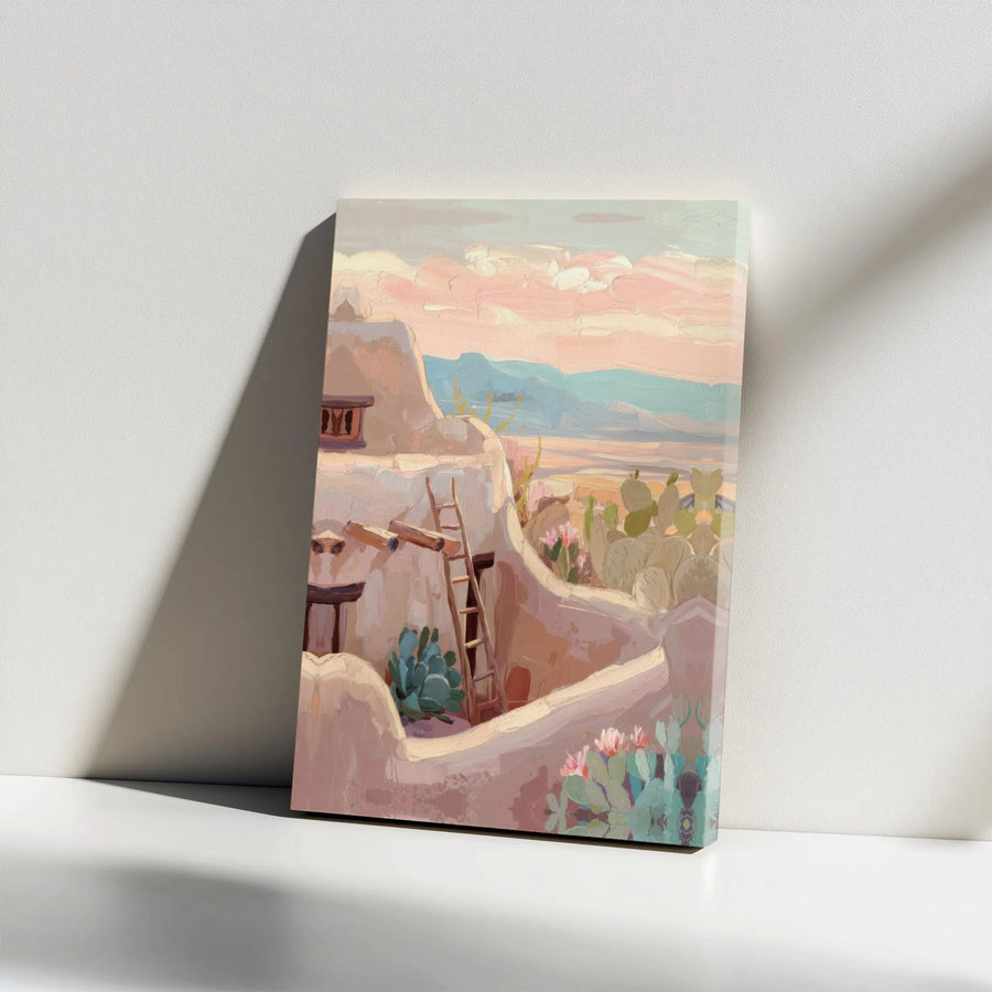 Southwestern Canvas Print | Adobe Pueblo and Cactus Desert Scene | Premium Gallery Wrapped Canvas | Southwestern Home Decor Gift