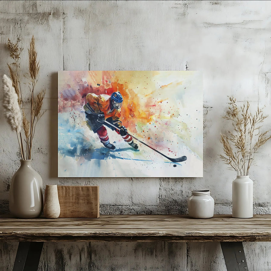 Ice Hockey Player Wall Art | Abstract Watercolor Sports Poster | Gallery-Quality 1.25” Thick Canvas | Gift for Hockey Fan or Man Cave Decor