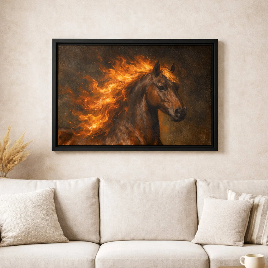 Fiery Horse Wall Art | Abstract Flame Mane Canvas Painting | Premium Gallery Wrapped Decor | Equestrian Wildlife Gift for Horse Lovers