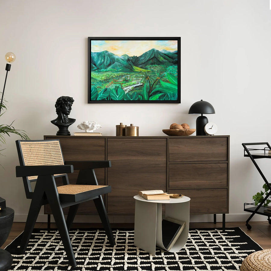 Tropical Mountain Valley Canvas | Lush Green Landscape Wall Art | Premium Fade-Resistant Gallery Print | Bohemian Home Decor Gift