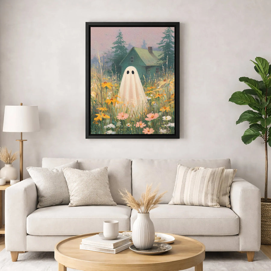 Ghost in Wildflower Field Canvas Art | Cottagecore Spooky Cabin Print | Gallery-Wrapped Premium Wall Decor | Aesthetic Gift for Fall Home Decor