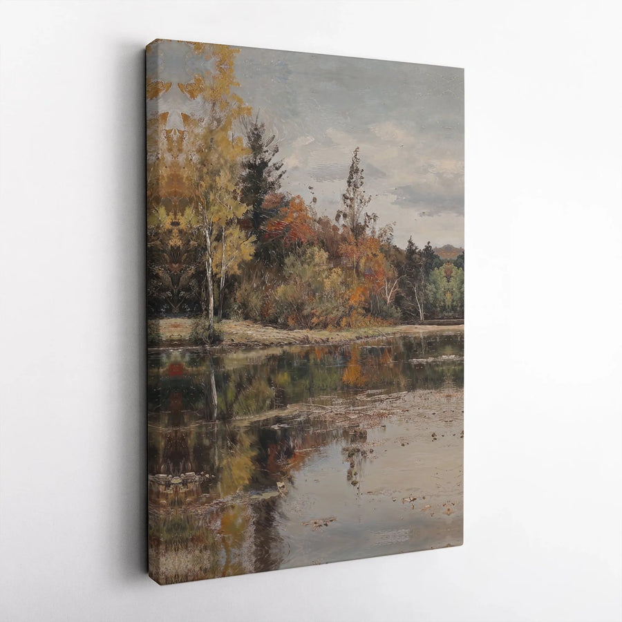 Autumn Landscape Canvas Wall Art | Golden River Reflection Forest | Gallery Wrapped Premium Decor | Nature Inspired Gift for Living Room