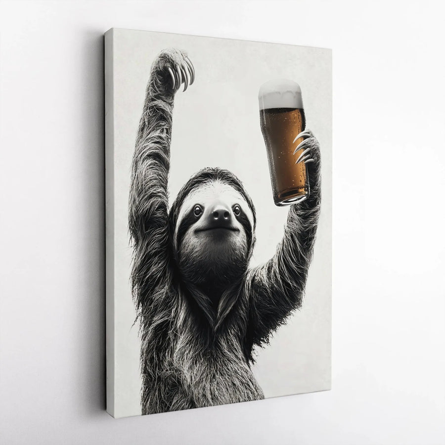 Funny Sloth Wall Art | Monochrome Beer Pint Canvas Print | Premium Gallery Wrap Decor | Unique Gift For Beer Lovers And Sloth Enthusiasts