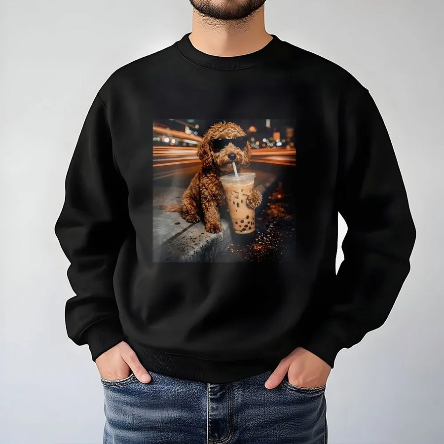 Funny Dog Sweatshirt | Poodle with Sunglasses Drinking Boba Tea | Premium Cotton Tee | Unique Gift for Dog Lover