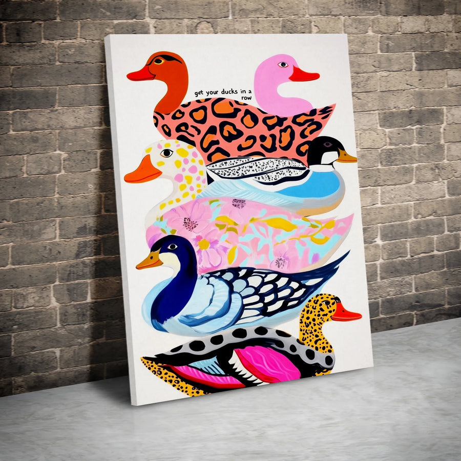 Colorful Duck Wall Art Canvas | Get Your Ducks In A Row Whimsical Design | Premium 1.25 Inch Gallery Wrap | Modern Home Decor Gift