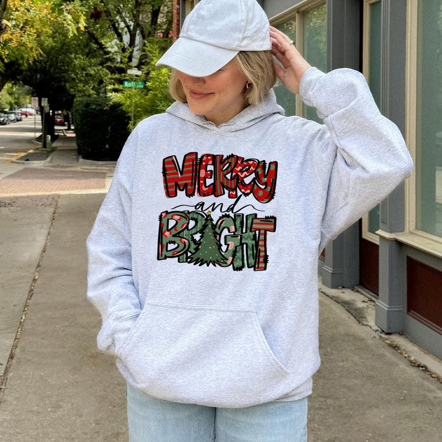 Merry and Bright Christmas Hoodie | Festive Plaid Tree Graphic | Premium Cotton Blend | Cozy Holiday Gift for Women and Men