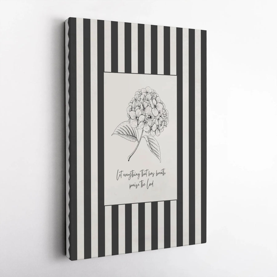 Psalm 150:6 Canvas Print | Hydrangea Sketch with Striped Border | 1.25 Inch Premium Gallery Wrap | Christian Wall Art for Home Decor