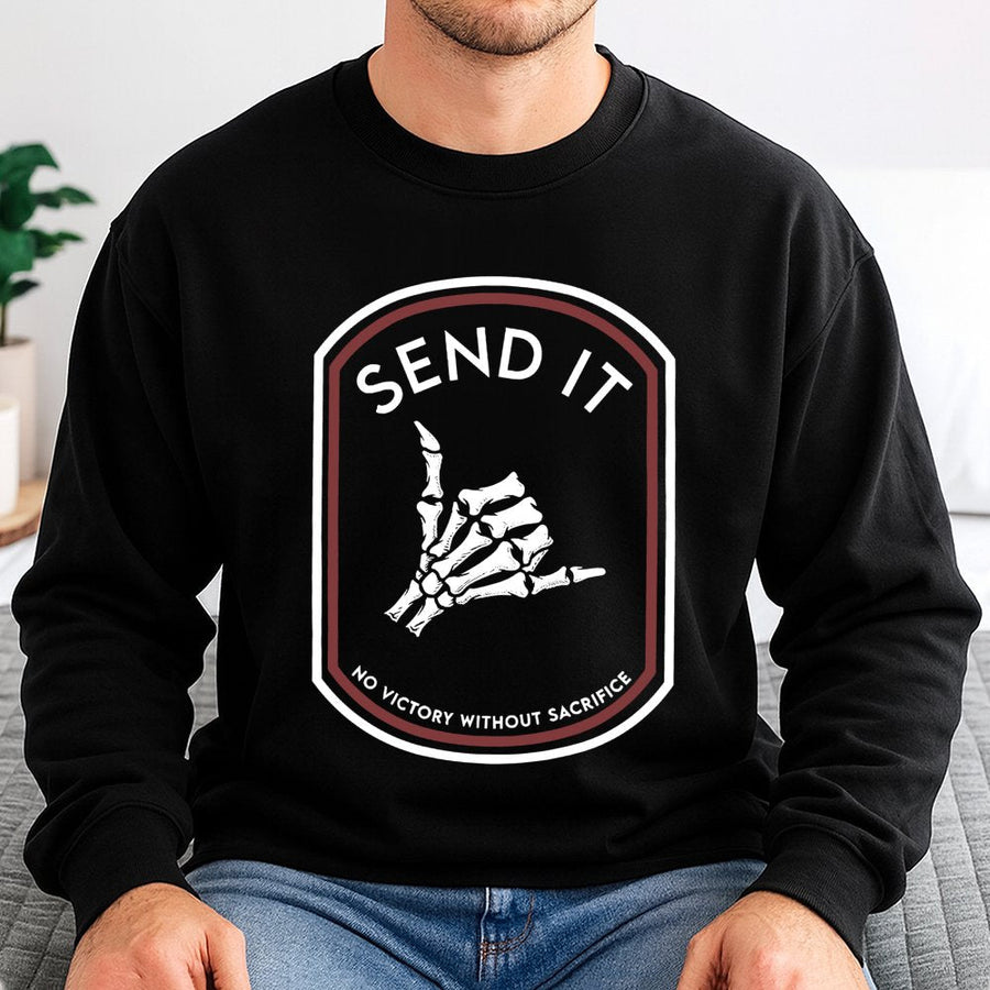 Send It Skeleton Hand Sweatshirt | Shaka Sign Graphic Design | Premium Cotton Blend | Gift for Skater or Tactical Enthusiast Unisex